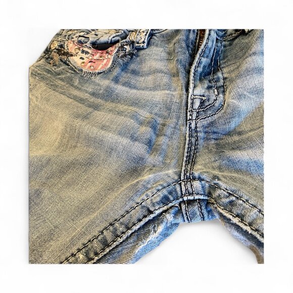 Miss Me Signature Bootcut Jeans Distressed Patchwork-Plaid Pocket Sz 32 #178H - Picture 9 of 14